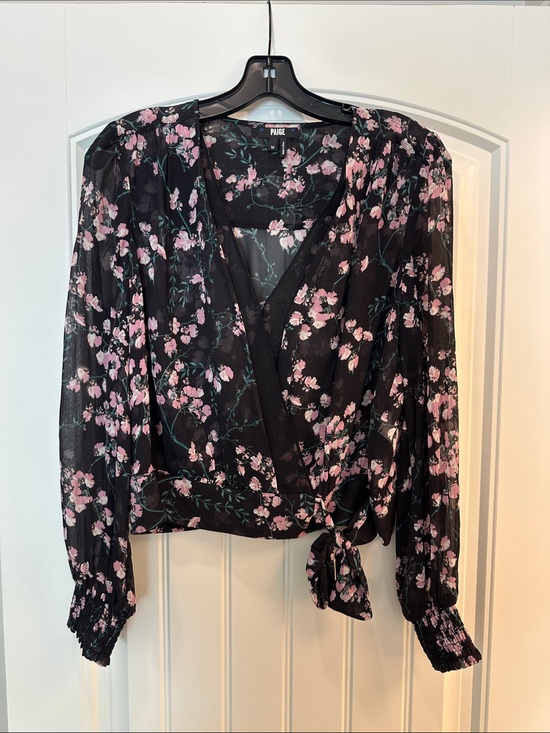 PAIGE Tops - PAIGE Black Sheer Wrap Blouse with Pink Floral Print